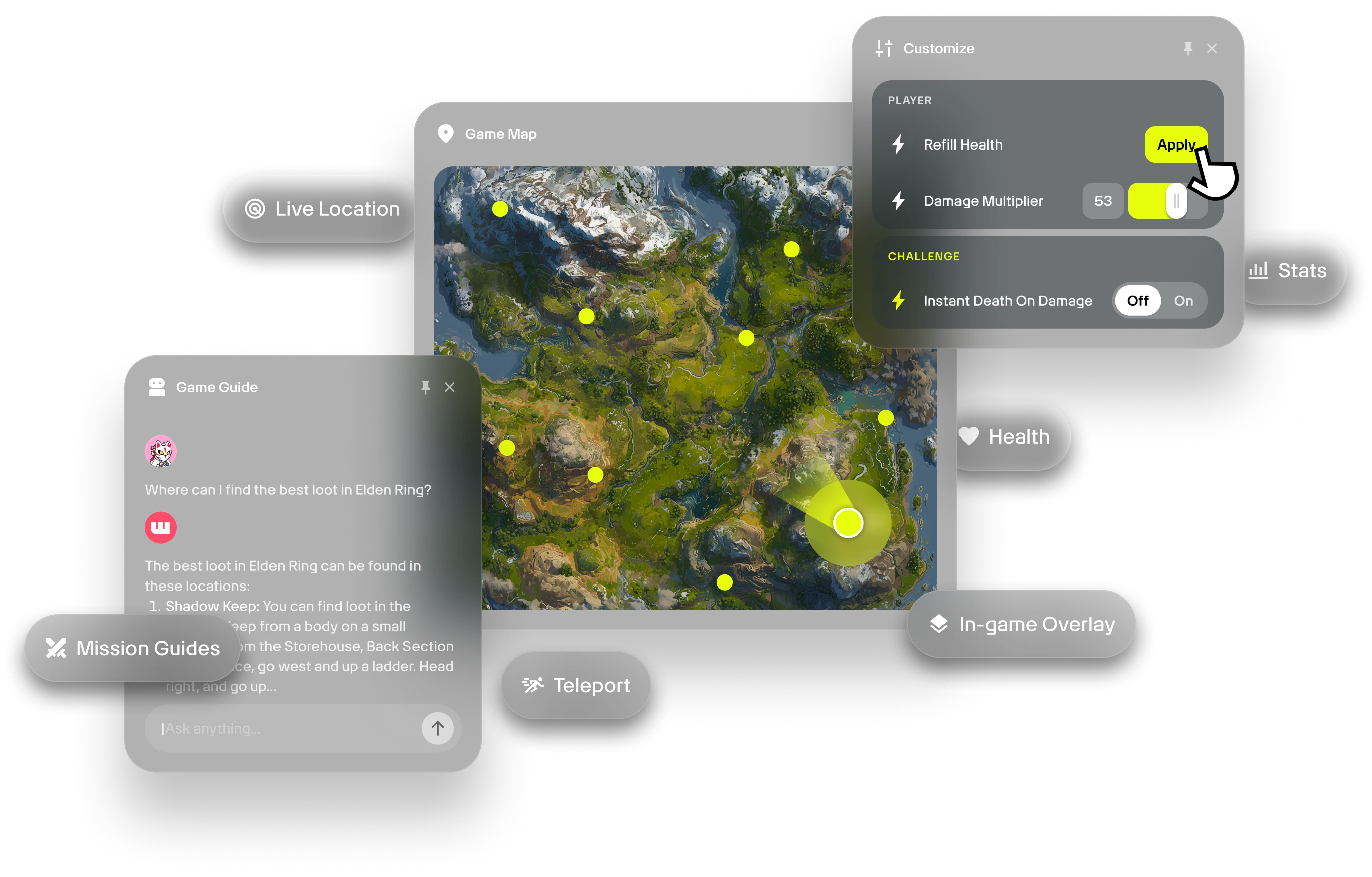 Muestra de varias características de Wand, entre las que se incluyen mapas, controles de mod y guías para juegos